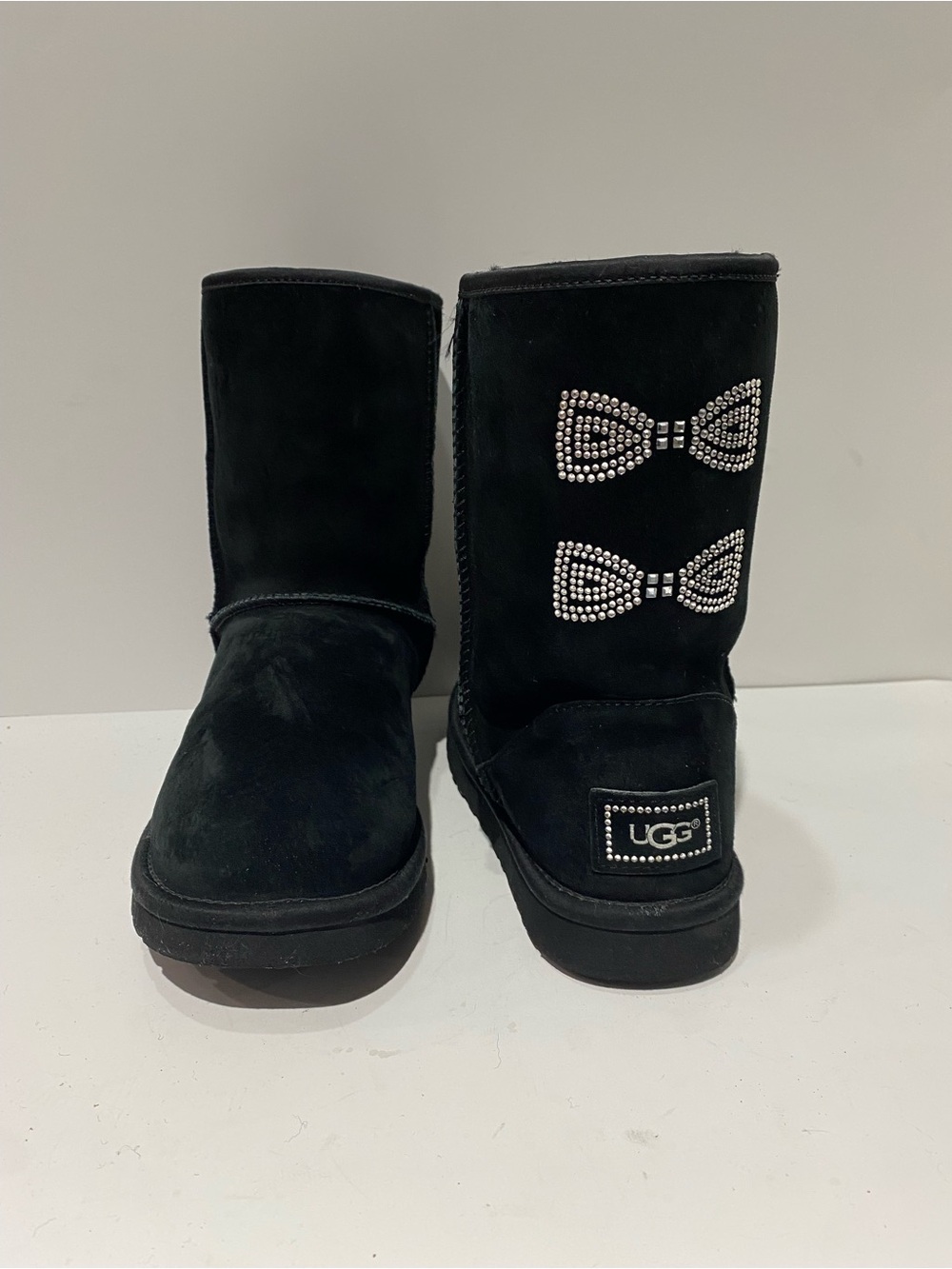 UGG Black Suede Boots with Rhinestone Bow Details, Women’s Size 8